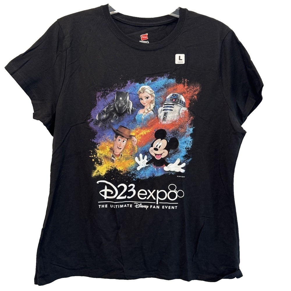 Disney D23 Expo T-Shirt Black Panther Elsa Mickey Woody R2-D2 Hanes L - Picture 1 of 6